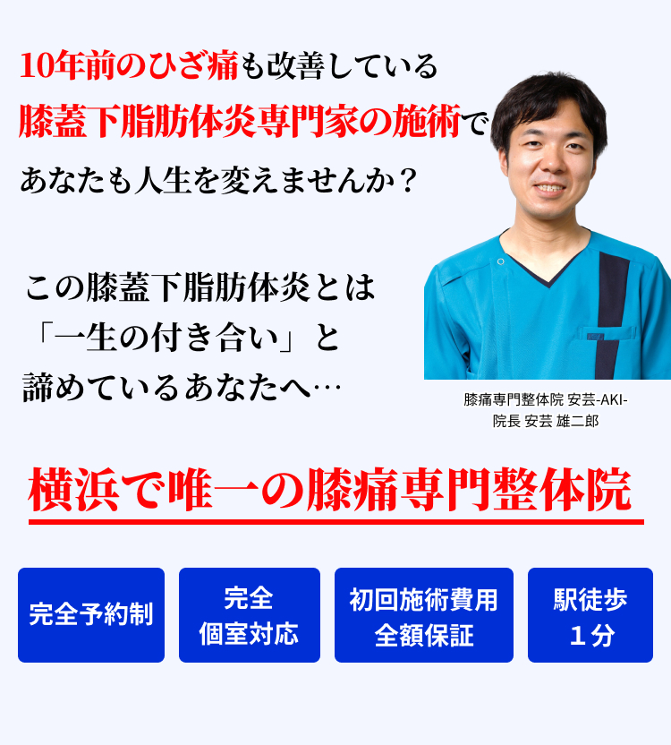 10年前のひざ痛も改善している膝蓋下脂肪体炎専門家の施術で あなたも人生を変えませんか？ この膝蓋下脂肪体炎とは「一生の付き合い」と 諦めているあなたへ…横浜で唯一の膝痛専門整体院